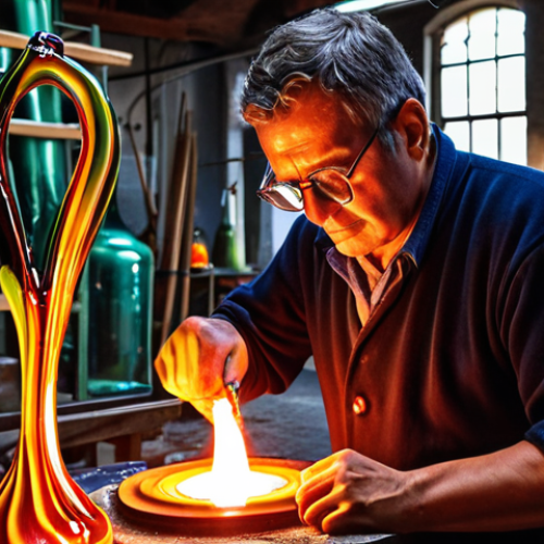 **

A skilled artisan in a Murano glass factory, passionately shaping molten glass with traditional tools, showcasing the timeless art of glassblowing. The background features a furnace radiating heat and displays of finished, colorful Murano glass pieces.

**