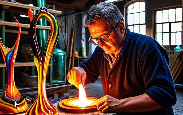 **

A skilled artisan in a Murano glass factory, passionately shaping molten glass with traditional tools, showcasing the timeless art of glassblowing. The background features a furnace radiating heat and displays of finished, colorful Murano glass pieces.

**
