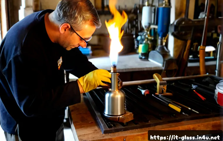Home 12 유리공예 장비 유지보수 방법 - Photorealistic close-up of an Italian glass artisan maintaining a bench torch in a bright Murano-sty...