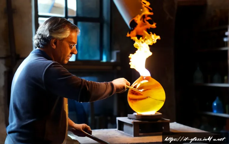 유리공예와 열가소성 유리 연구 - Photorealistic Italian glass artisan in a bright Murano-inspired workshop near Venice, carefully sha...